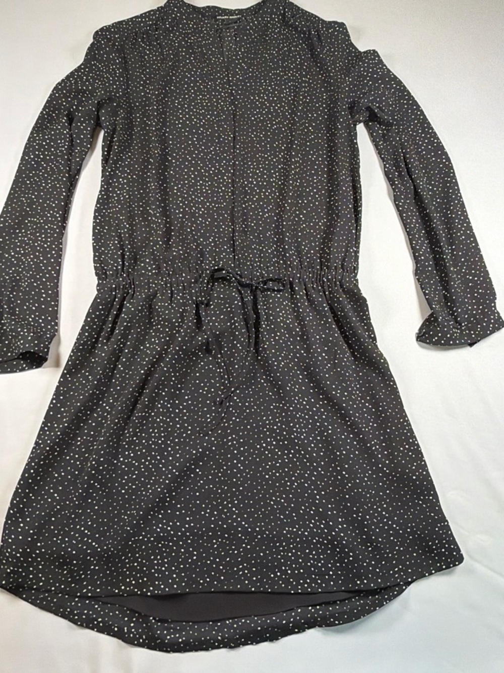 Women’s Long Sleeve Drawstring Waist Polka Dot Dress - Black
